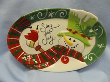 Fitz & Floyd Holly Hat Snowman Christmas Canape Plate 10X6 1/2  Porcelain In box