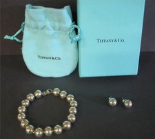 Tiffany & Co Sterling Silver 10mm Bead Bracelet & Earrings Set Box Pouch