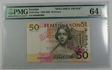 1996-2003 Sweden 50 Kronor Note Pick #62sp Pmg 64 C Unc "Specimen Proof" Details