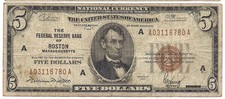 U.S. (Boston, Ma) - Series of 1929 $5.00 National Currency Banknote