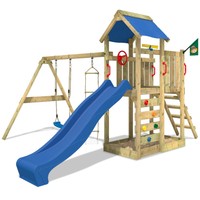 MultiFlyer Spielturm Schaukel Blaue Rutsche Kletterturm Klettersteine Garten