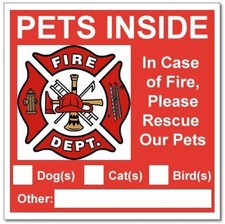 6 Pets Inside Red Safety Alert Warning Window Door Stickers; In Fire or Emerg.