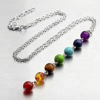 Natur Edelstein 7 Chakra Steine Anhänger+Kette Glücksbringer Chakren Halskette 