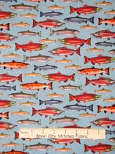 Fish Fabric - Salmon Fish The Great North Fishing Benartex Kanvas Studio - Yard