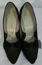 Vintage 1950's black mesh stilettos bombshell w big bow pumps shoes sz 6.4 Aa