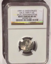 Mint Error 1999 1C Lincoln Cent Struck On A 10C Ngc Ms66 :Dual Denomination