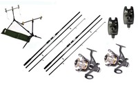 KARPFENSET 2 KARPFENRUTEN 3,60m 3-TEILIG 2 ROLLEN ROD POD ELEKTR. BIßANZEIGER