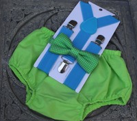 1st Birthday boy cake smash diaper cover bow tie Suspenders Green Blue Outfit 