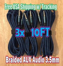 3x 10ft BLUE 3.5mm AUX BRAIDED 3M AUXILIARY CORD Male Stereo Audio Cables Cords