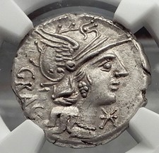 Roman Republic 136BC Roma Jupiter Chariot Ancient Silver Coin NGC Ch AU i58170