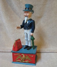 Vtg Reproduction Uncle Sam Cast Iron Metal Mechanical Coin Bank
