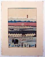 Japanischer Farbholzschnitt auf Rohseide Hafenansicht ca. 1870 woodblock print