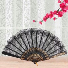 Black Spanish Style Dance Party Wedding Lace Silk Folding Hand Held Flower Fan N