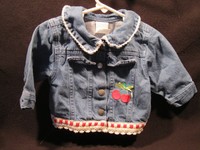 Baby Jean Jacket Cherries White Lacey Trim Snaps Mock Pockets Collar