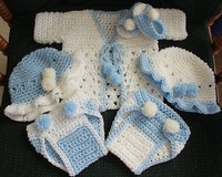 Hand Crochet Baby Outfit-Blue 6 Pc - Sweater, 2 Diaper cover, 2 Bonnet, Sandals 