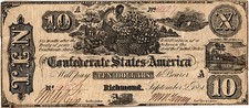 1861 $10.00 Confederate States of America "Negro Picking Cotton" T29-237 Vf