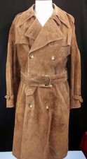 Mens 1970s Vintage Genuine Suede Leather Long Belted Trench Coat Size 40 Small
