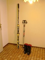 Ski mit Stöcken und Schuhen