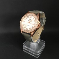 ★★★ Bellos Armbanduhr Leder Grau Damen Herren Uhr Neu Rose Gold Strass ★★★