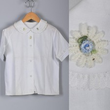 Vtg 50s Nos Girls White Flower Patch White Collared Short Sleeve Button Up Shirt