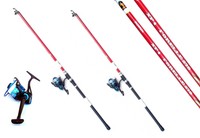  2 ANGELRUTEN 2,70m 2 ANGELROLLEN SCHNUR ANGELSET FORELLE BARSCH FORELLENRUTEN