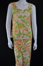 Authentic Vintage Polyester Yellow Floral 2 Pc Top/Pant Set Women's Size Small*