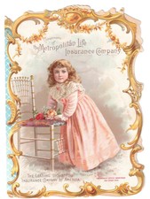 LARGE 1894 CALENDAR DIE CUT TRADE CARD MET LIFE INSURANCE CO. GIRL ROSES CHAIR