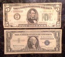 1928 A $5 Federal Reserve Note - Numerical 7 + 1957 B $1 Silver Certificate