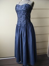 Vtg 70-80s Blue Denim Strapless Sequin Party Dress-Bust 30-34/ Xs-S