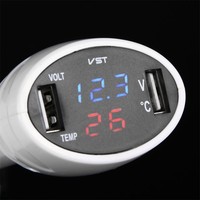 USB Car Charger Car Digital LED Voltmeter 3in1 Thermometer Battery Monitor UE