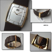 flache SKAGEN Armbanduhr vergoldet (gold-Uhr) #567LG; chice BIG DATE Herrenuhr