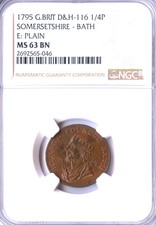 1795 British Colonial Farthing Conder Token, Bath'S Somerset Dh 116 Ngc Ms63