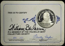 1974 Franklin Mint Collector Society member Sterling Silver Card 26mm.