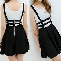 Loving Retro Hollow Skater Damen Suspender Skirt Straps High Waist Mini Dress 