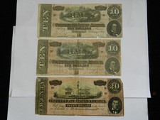 Three Confederate Currency Notes $20, $10, $10