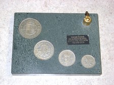 Collection Of 4 Older English Coins In Green Slate - 1950/57/58/65 - Cool Gift!