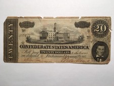 1864 Confederate States America $20 Twenty Dollar Bill Civil War Currency Note!