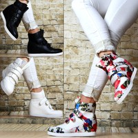 LuXus Sneaker Keilabsatz Wedges Klettverschluss Damen Schuhe Sportschuhe Weiß