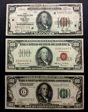 (3)Us Legal $100 Dollar Bills 1928 (Green), 1929 (Brown), 1966 (Red) F - Vf+