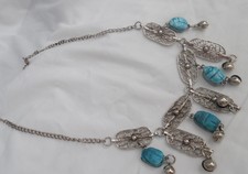 Silver Plated Filigree Necklace, W, Turquoise Scarab Stones Neckwear 18"