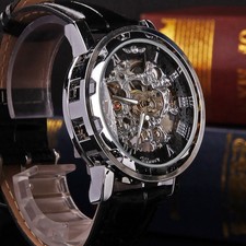 Classic Men's Black Leather Dial Skeleton Mechanical Sport Army Wrist Watch