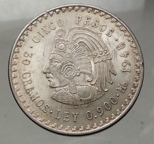 1948 Mexico Aztec Emperor Cuahtemoc Large 5 Pesos Silver Mexican Coin i57744