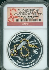 2013-P $1 Australia Colorized Snake 1 Oz. Silver Ngc Pf70 Pr70 Er Early Releases