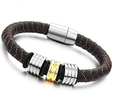 Hombre Acero Inoxidable Pulsera De Plata/Cuero Marrón Surfista A19