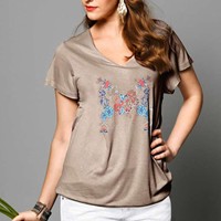 Gr.40/42/44 BLUSE SHIRT weichfließend Tunika TAUPE TÜRKIS Flügelärmel Motiv TOP