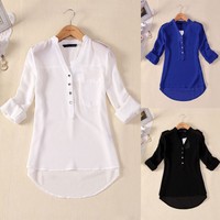 HOT Damen Sommer V-Ausschnitt Chiffon Langarmshirt Lässig Hemd Bluse Tops Shirts