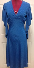 Vintage 70s 80s Low V Front Silk Blue Disco Dress Long Sleeve Batwing Size M w30