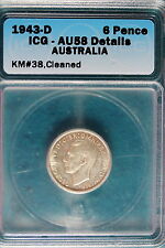 1943-D Icg Au58 Details Australia 6 Pence Km#38, Cleaned! #B7088