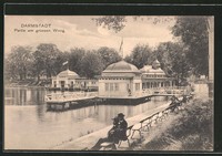 alte AK Darmstadt, Partie am grossen Weg mit Pavillon 