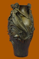 Art Nouveau Brown Patina Mythical Mystery Mermaid Vase Bronze Sculpture Statue
